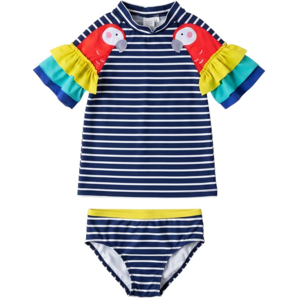Mini Boden Girls Parrot Ruffle Rash Guard Swimsuit Set Navy Stripe 9-10Y 140cm